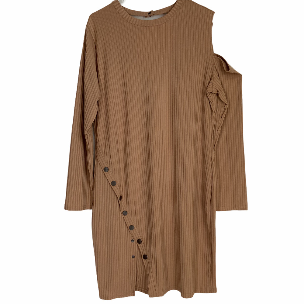 POGTMM Tan V-Neck Choker Cold Shoulder Dress 2XL